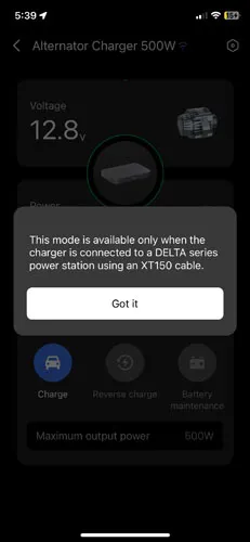 Screenshot of XT150 cable feature popup in EcoFlow app