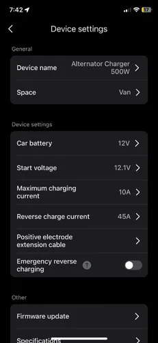 Screenshot of 500W Alternator Charger device settings in EcoFlow app